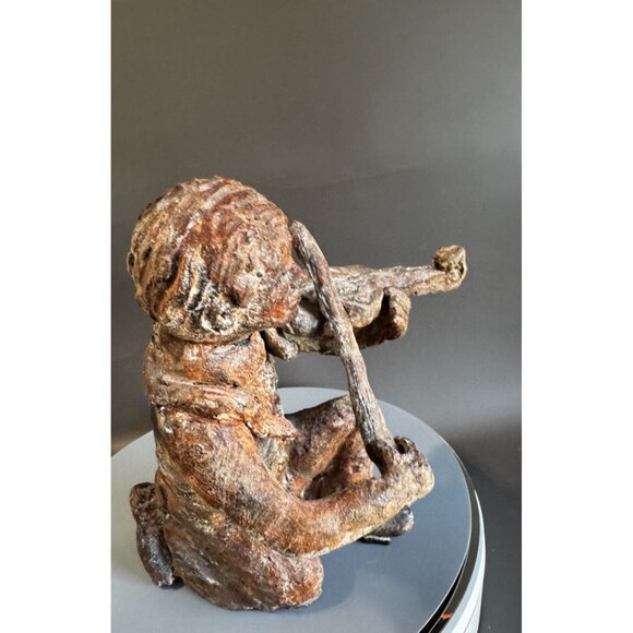 Hand Sculpted Terracotta Violinist With Snake Rustic Folk Art Figure 10 Inch - Picture 8 of 10